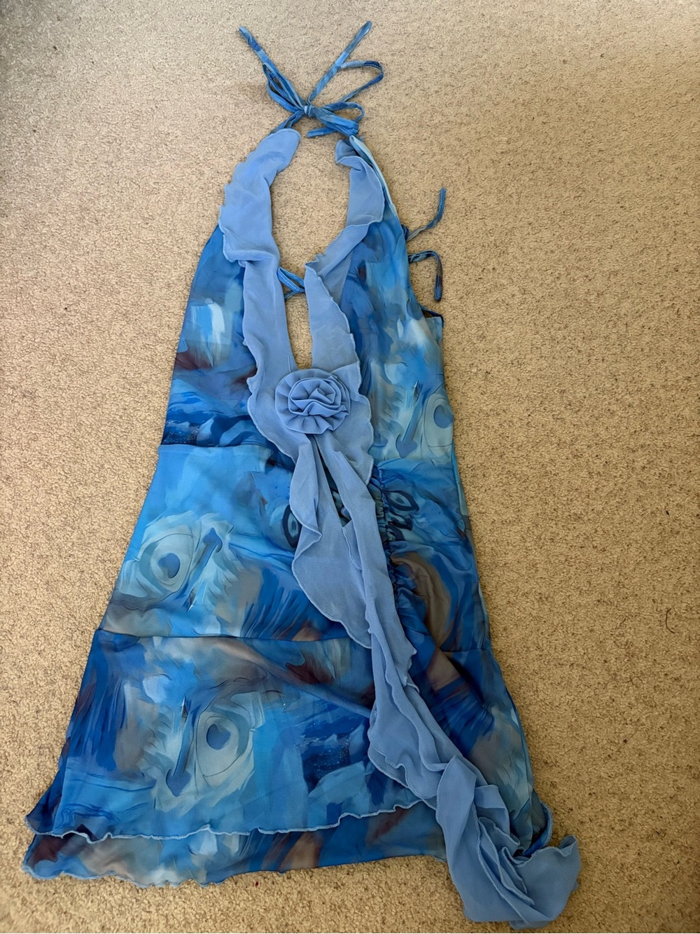 Blue Halter Dress with Floral Rosette